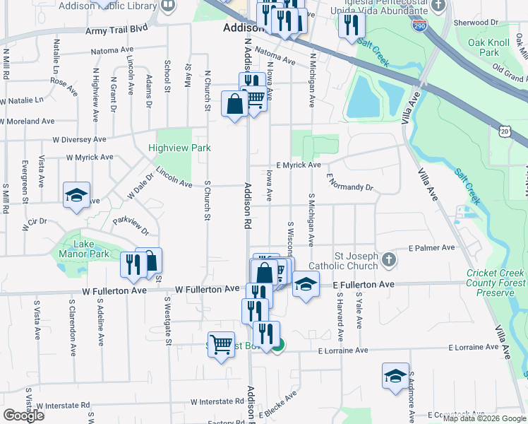 map of restaurants, bars, coffee shops, grocery stores, and more near 205 Addison Road in Addison