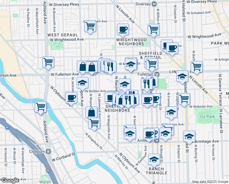 map of restaurants, bars, coffee shops, grocery stores, and more near 1201 West Belden Avenue in Chicago