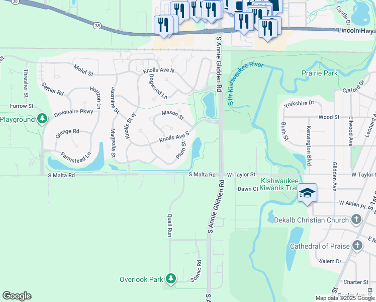 map of restaurants, bars, coffee shops, grocery stores, and more near 674 Plum Street in DeKalb