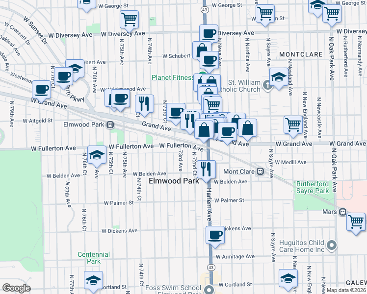 map of restaurants, bars, coffee shops, grocery stores, and more near 7245 West Fullerton Avenue in Elmwood Park