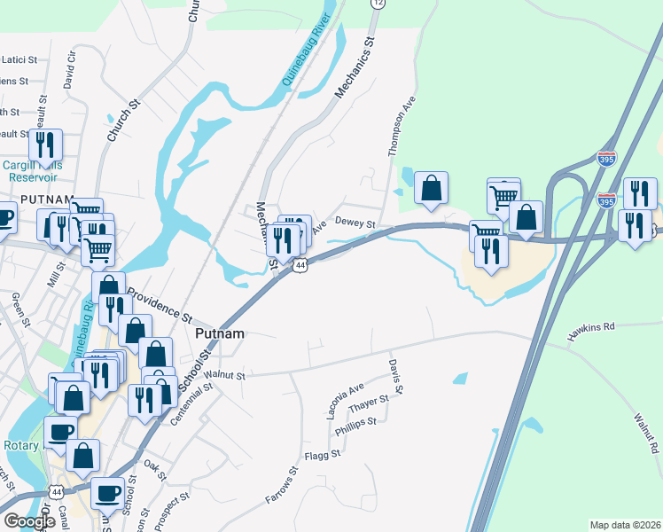 map of restaurants, bars, coffee shops, grocery stores, and more near 419 School Street in Putnam