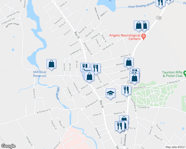 map of restaurants, bars, coffee shops, grocery stores, and more near 194 Whittenton Street in Taunton