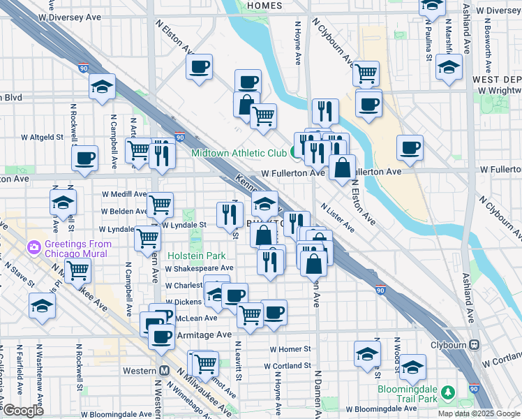 map of restaurants, bars, coffee shops, grocery stores, and more near 6 North Avondale Avenue in Chicago
