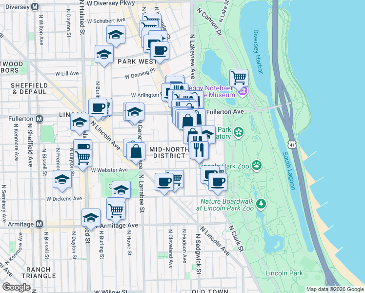 map of restaurants, bars, coffee shops, grocery stores, and more near 429 West Belden Avenue in Chicago