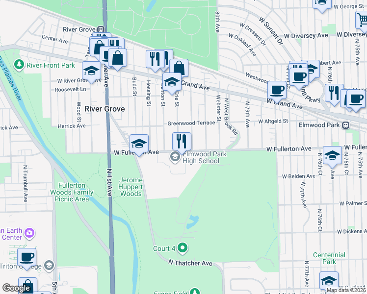 map of restaurants, bars, coffee shops, grocery stores, and more near 2405 North Erie Street in River Grove