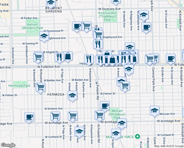 map of restaurants, bars, coffee shops, grocery stores, and more near 2301 North Keystone Avenue in Chicago