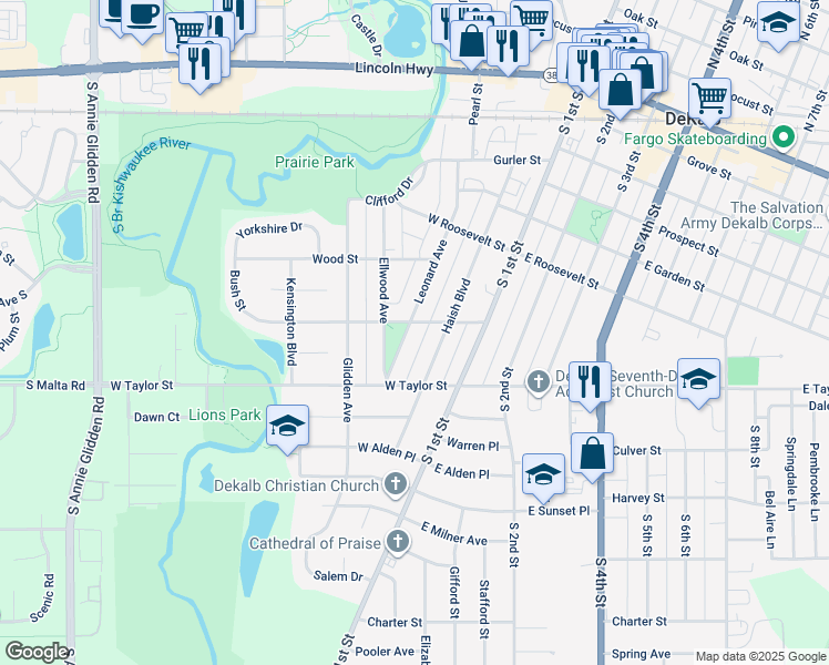 map of restaurants, bars, coffee shops, grocery stores, and more near 806 Leonard Avenue in DeKalb