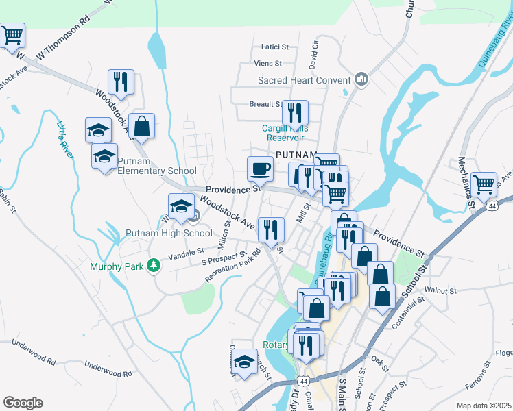 map of restaurants, bars, coffee shops, grocery stores, and more near 26 Marshall Street in Putnam