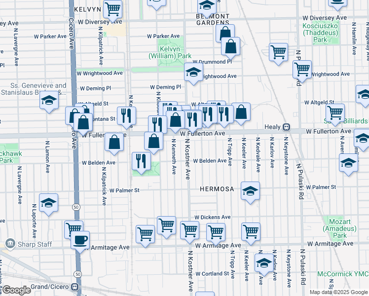 map of restaurants, bars, coffee shops, grocery stores, and more near 2326 North Kostner Avenue in Chicago