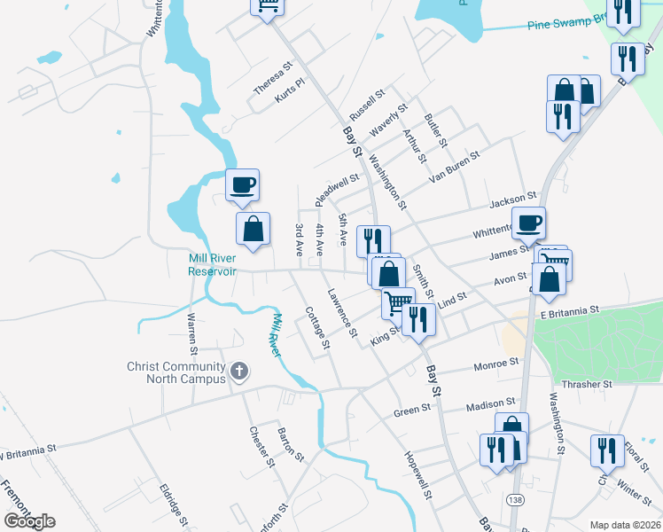 map of restaurants, bars, coffee shops, grocery stores, and more near 277 Whittenton Street in Taunton