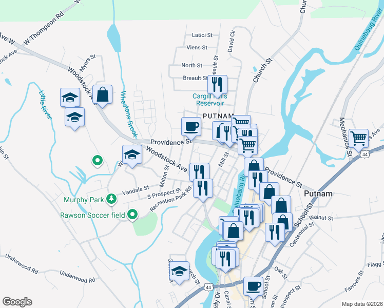 map of restaurants, bars, coffee shops, grocery stores, and more near 26 Marshall Street in Putnam