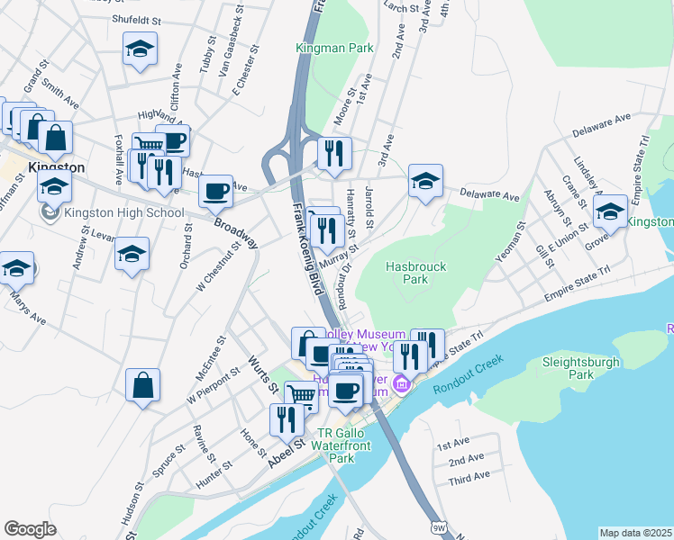 map of restaurants, bars, coffee shops, grocery stores, and more near 2-48 Murray St in Kingston