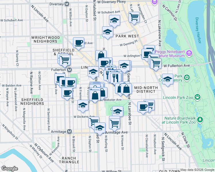map of restaurants, bars, coffee shops, grocery stores, and more near 2275 North Lincoln Avenue in Chicago