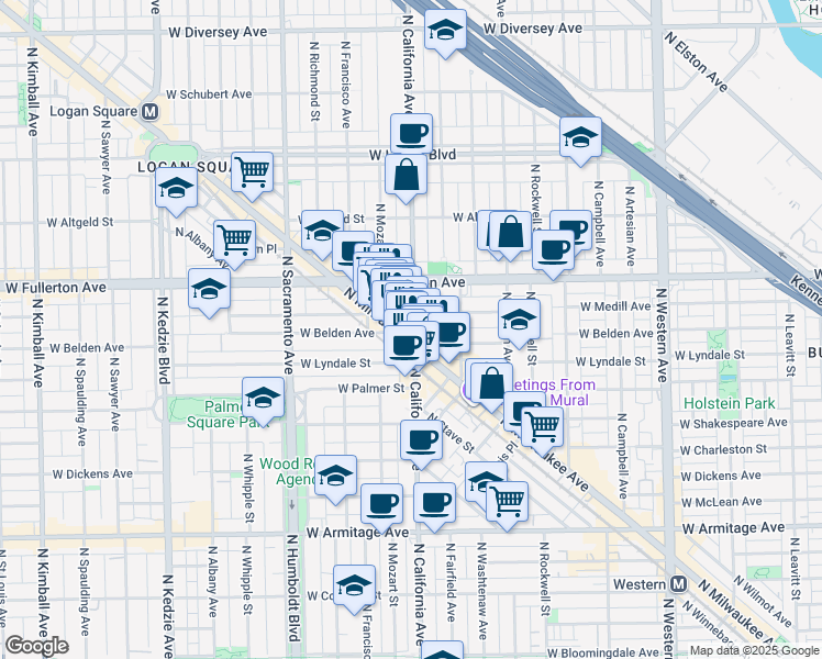 map of restaurants, bars, coffee shops, grocery stores, and more near 2318 North California Avenue in Chicago