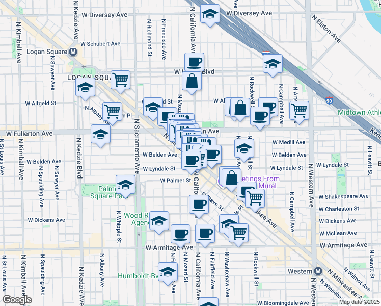 map of restaurants, bars, coffee shops, grocery stores, and more near 2318 North California Avenue in Chicago