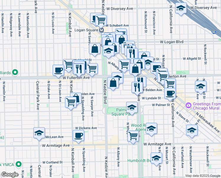 map of restaurants, bars, coffee shops, grocery stores, and more near 2315 North Kedzie Boulevard in Chicago