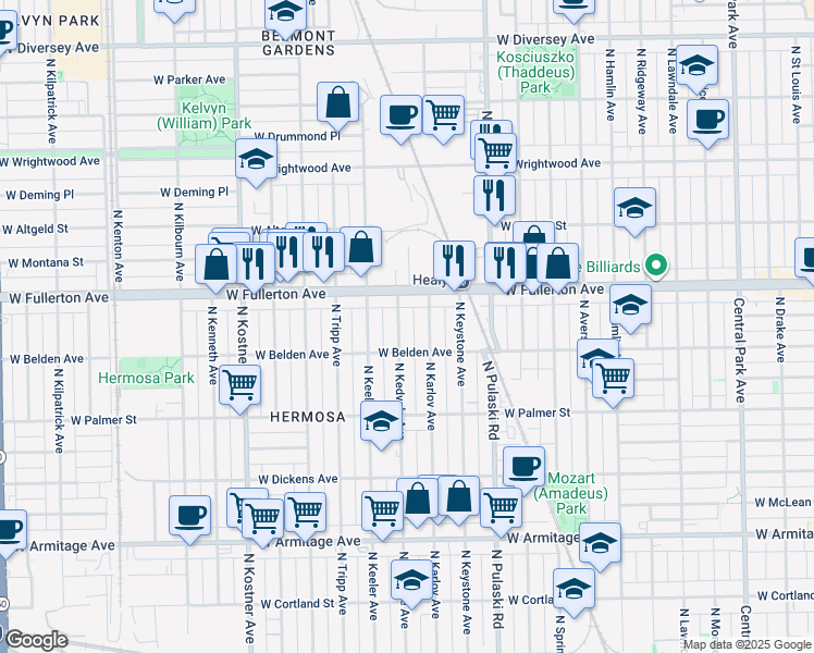 map of restaurants, bars, coffee shops, grocery stores, and more near 2330 North Kedvale Avenue in Chicago