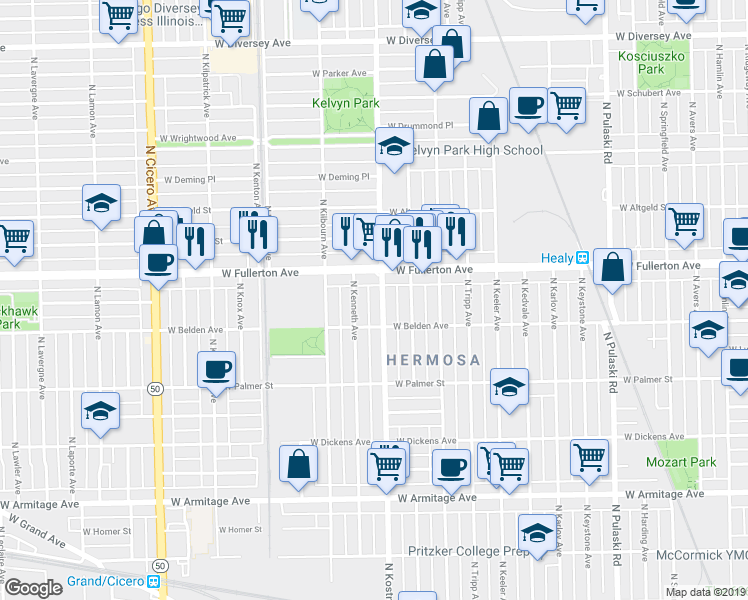 map of restaurants, bars, coffee shops, grocery stores, and more near 2326 North Kostner Avenue in Chicago