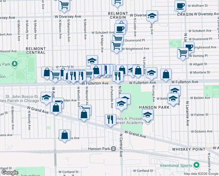map of restaurants, bars, coffee shops, grocery stores, and more near 2343 North Major Avenue in Chicago