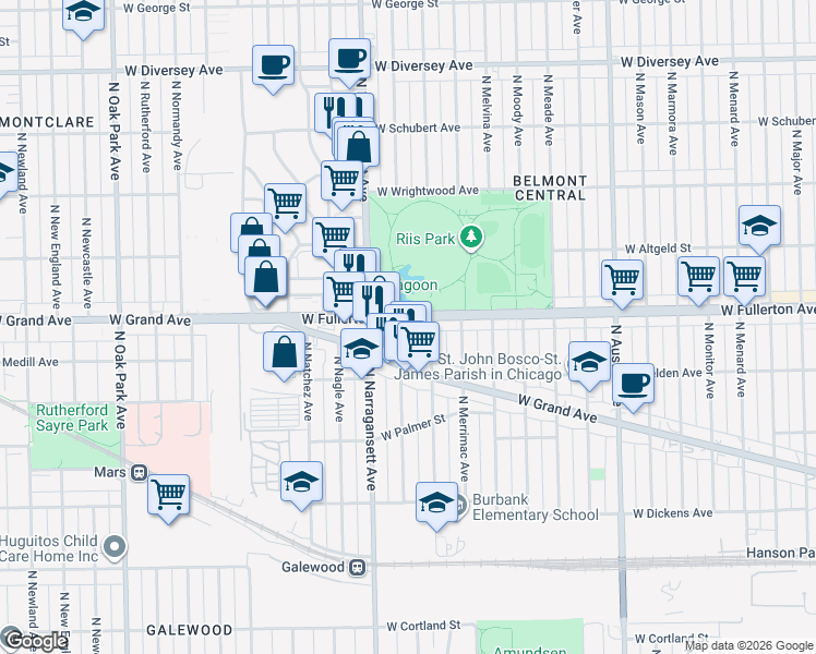 map of restaurants, bars, coffee shops, grocery stores, and more near 633 West Fullerton Avenue in Chicago