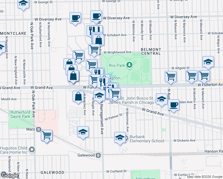 map of restaurants, bars, coffee shops, grocery stores, and more near 633 West Fullerton Avenue in Chicago