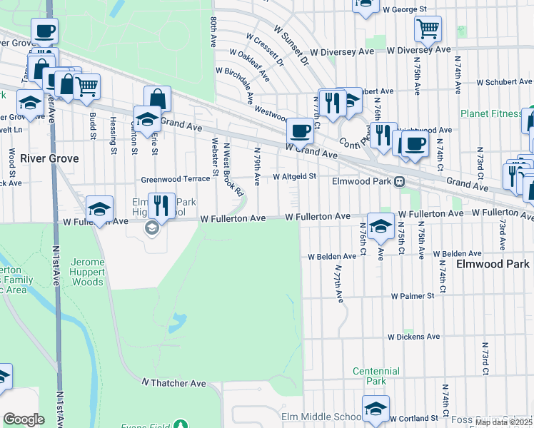 map of restaurants, bars, coffee shops, grocery stores, and more near 7900 West Fullerton Avenue in Elmwood Park
