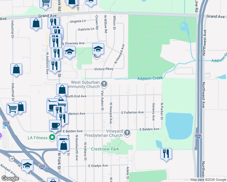 map of restaurants, bars, coffee shops, grocery stores, and more near 828 North Emroy Avenue in Elmhurst