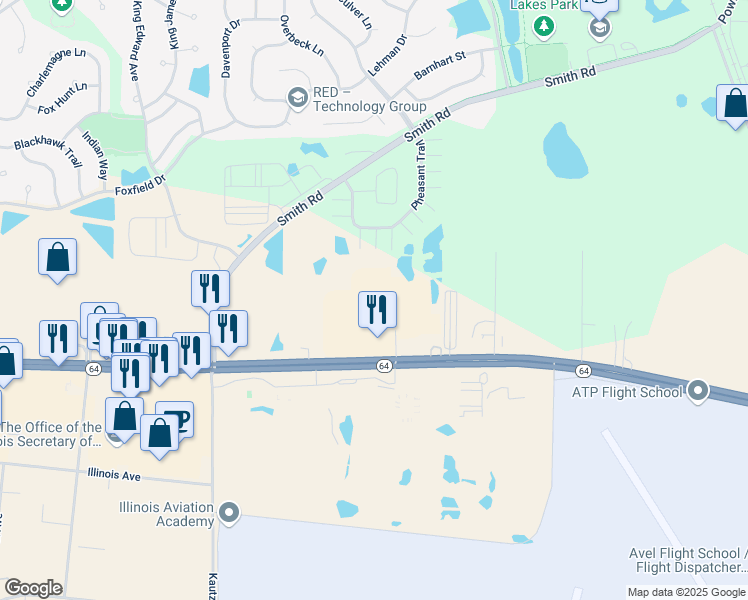 map of restaurants, bars, coffee shops, grocery stores, and more near 663 Pheasant Trail in St. Charles