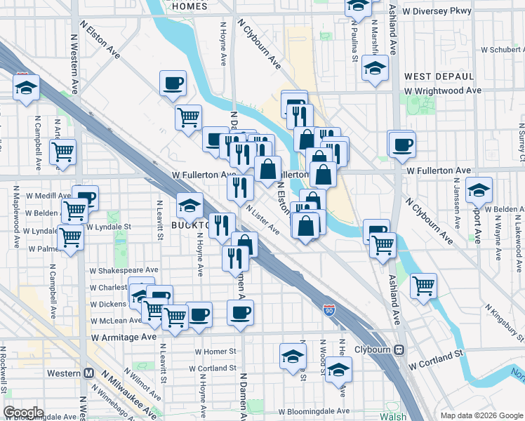 map of restaurants, bars, coffee shops, grocery stores, and more near 2331 North Lister Avenue in Chicago
