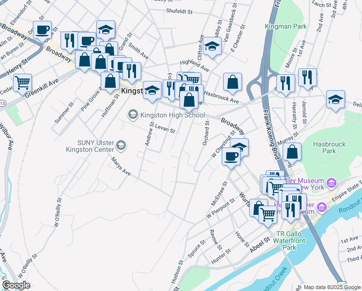 map of restaurants, bars, coffee shops, grocery stores, and more near 69 West Chester Street in Kingston