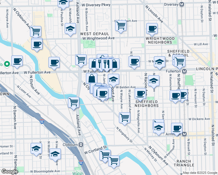 map of restaurants, bars, coffee shops, grocery stores, and more near 1415 West Belden Avenue in Chicago