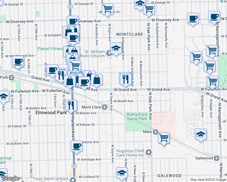 map of restaurants, bars, coffee shops, grocery stores, and more near 6967 West Grand Avenue in Chicago