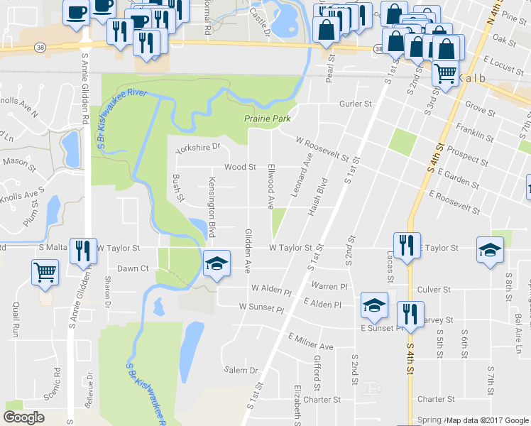 map of restaurants, bars, coffee shops, grocery stores, and more near 807 Ellwood Avenue in DeKalb