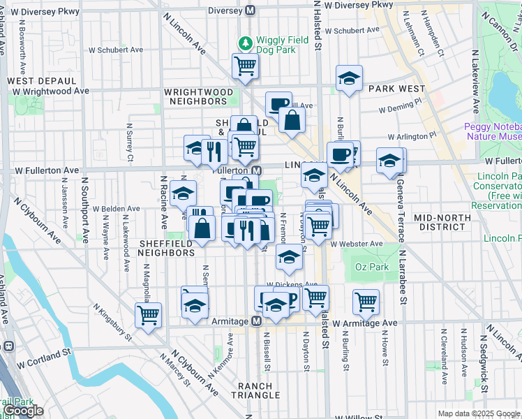 map of restaurants, bars, coffee shops, grocery stores, and more near 935 West Belden Avenue in Chicago