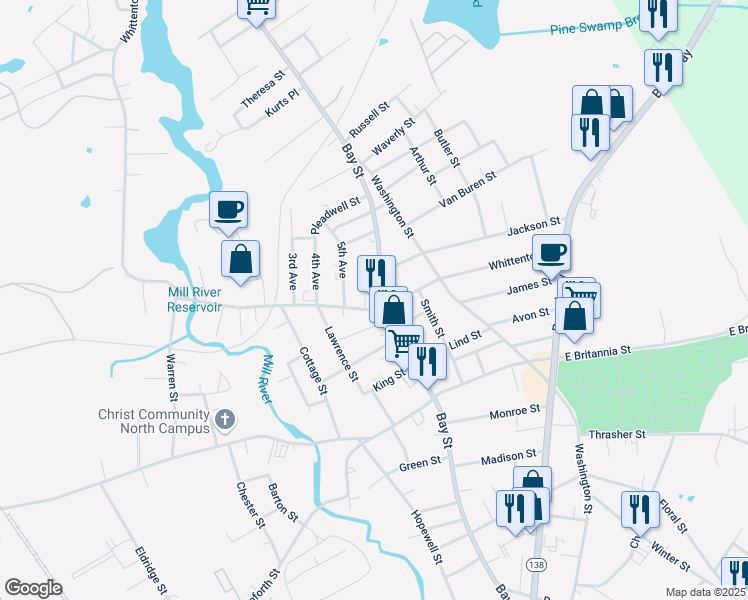 map of restaurants, bars, coffee shops, grocery stores, and more near 446 Bay Street in Taunton
