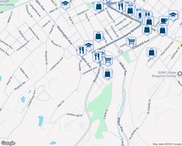 map of restaurants, bars, coffee shops, grocery stores, and more near 300 Greenkill Avenue in Kingston