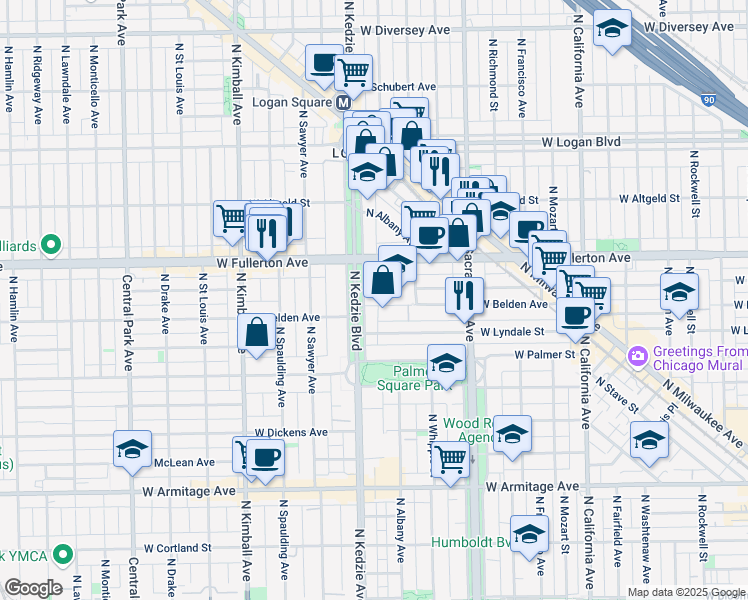 map of restaurants, bars, coffee shops, grocery stores, and more near 2315 North Kedzie Boulevard in Chicago
