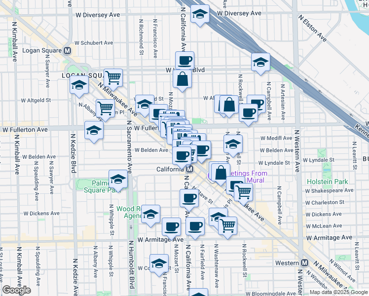 map of restaurants, bars, coffee shops, grocery stores, and more near 2318 North California Avenue in Chicago