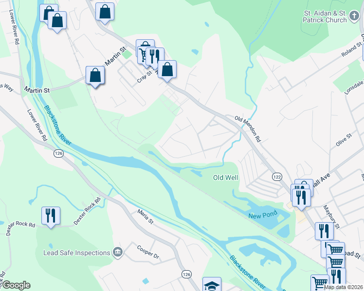map of restaurants, bars, coffee shops, grocery stores, and more near 12 Mill Stream Drive in Cumberland
