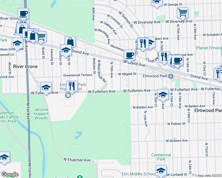 map of restaurants, bars, coffee shops, grocery stores, and more near 7900 West Fullerton Avenue in Elmwood Park
