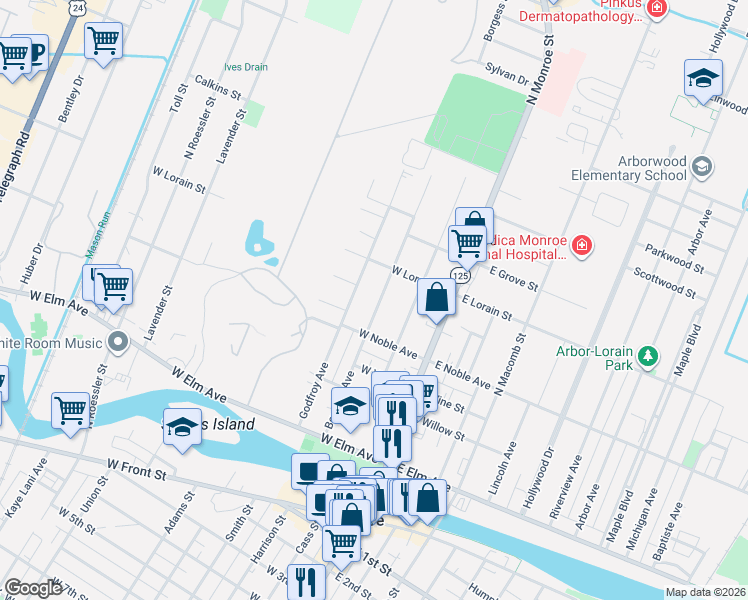 map of restaurants, bars, coffee shops, grocery stores, and more near 439 Borgess Avenue in Monroe