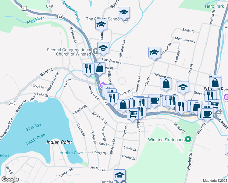 map of restaurants, bars, coffee shops, grocery stores, and more near 87 Hillside Avenue in Winsted