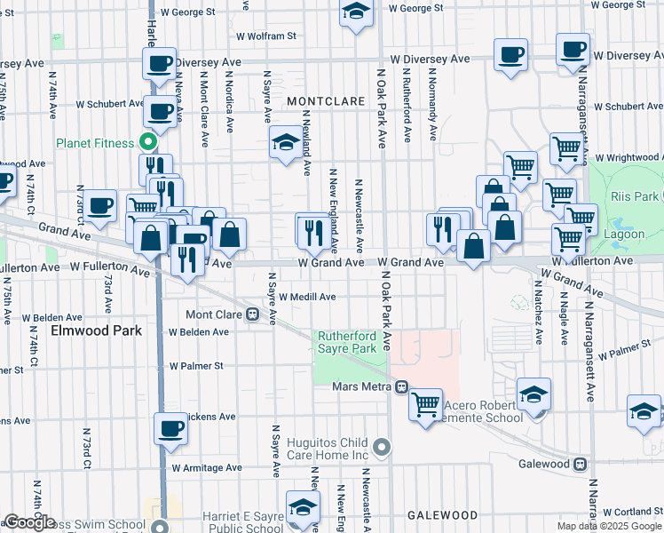 map of restaurants, bars, coffee shops, grocery stores, and more near 6869 West Grand Avenue in Chicago
