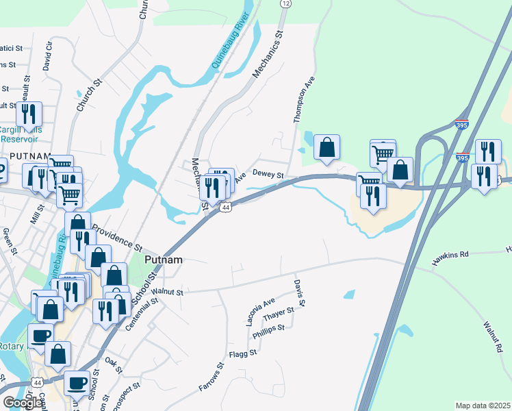 map of restaurants, bars, coffee shops, grocery stores, and more near 419 School Street in Putnam