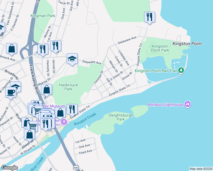 map of restaurants, bars, coffee shops, grocery stores, and more near 31 Gill Street in Kingston