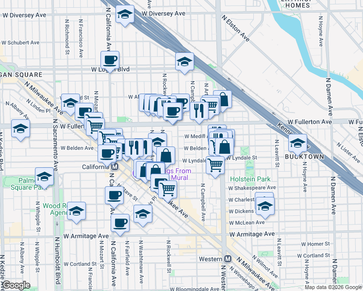 map of restaurants, bars, coffee shops, grocery stores, and more near 2306 North Maplewood Avenue in Chicago