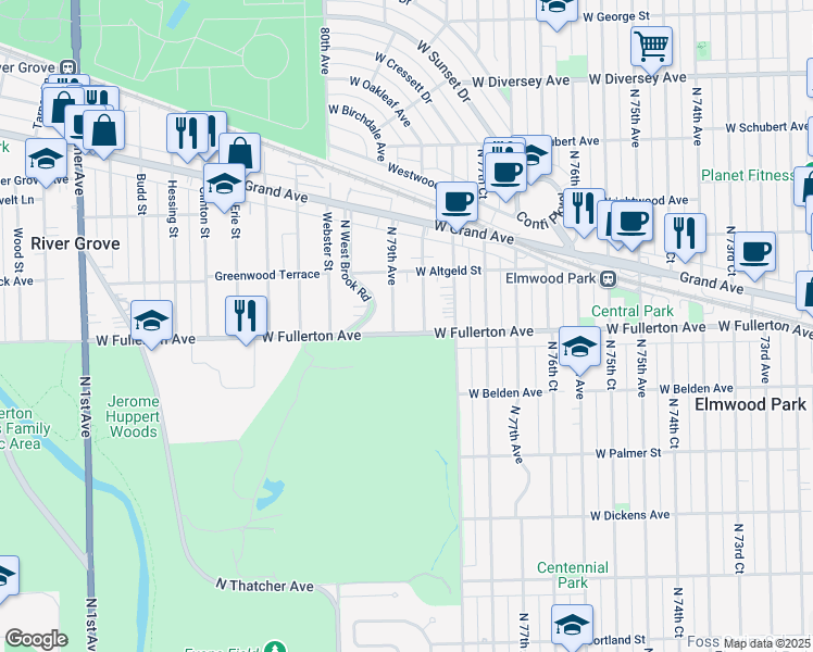 map of restaurants, bars, coffee shops, grocery stores, and more near 7900 West Fullerton Avenue in Elmwood Park