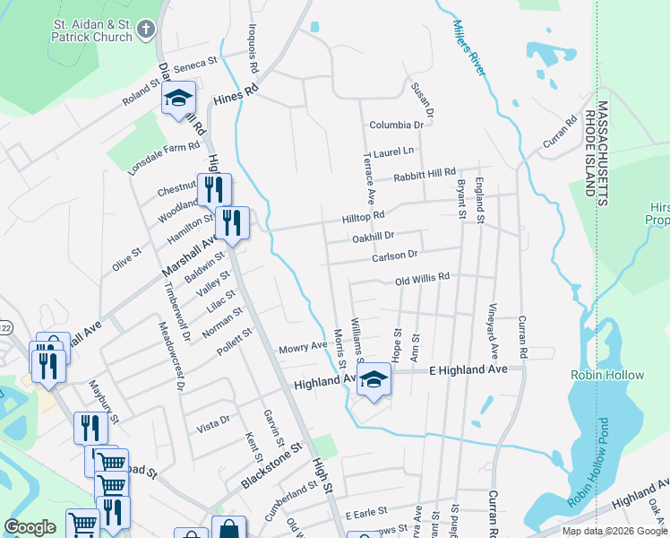 map of restaurants, bars, coffee shops, grocery stores, and more near 152 Carlson Dr in Cumberland