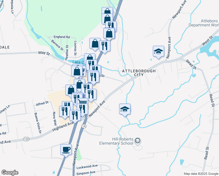 map of restaurants, bars, coffee shops, grocery stores, and more near 543 Newport Avenue in Attleboro