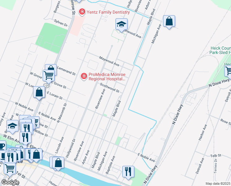 map of restaurants, bars, coffee shops, grocery stores, and more near 616 Scottwood Street in Monroe